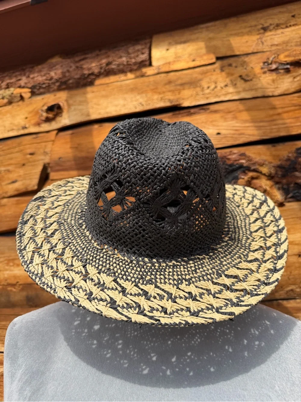 Anthropologie Women's Paper Straw Cowboy Hat Black Beige Weave Wide Brim Sun O/S